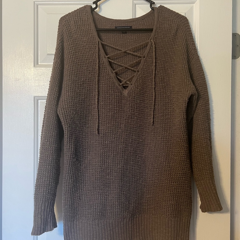 American eagle large taupe cross cross sweater large cotton